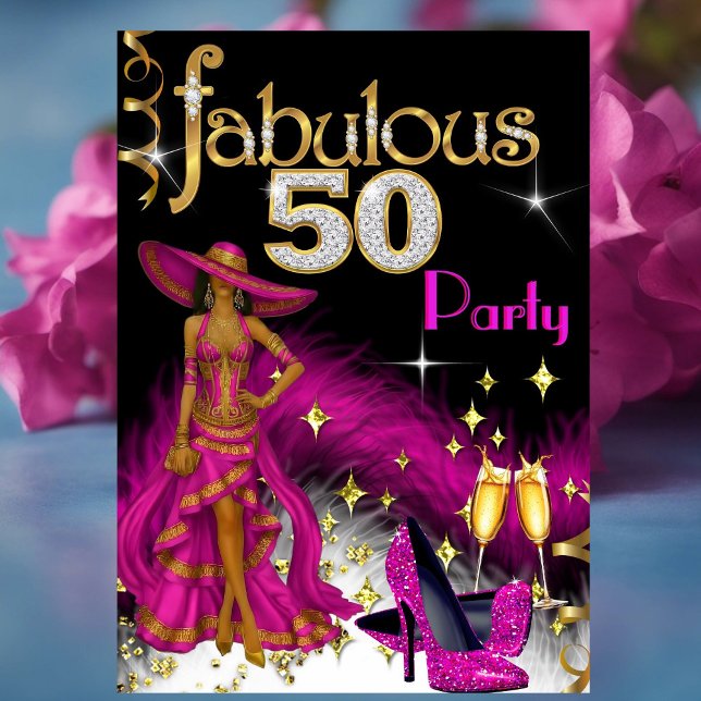 Fabulous 50 Party Glitter Hot Pink Dress Champagne Invitation (Creator Uploaded)