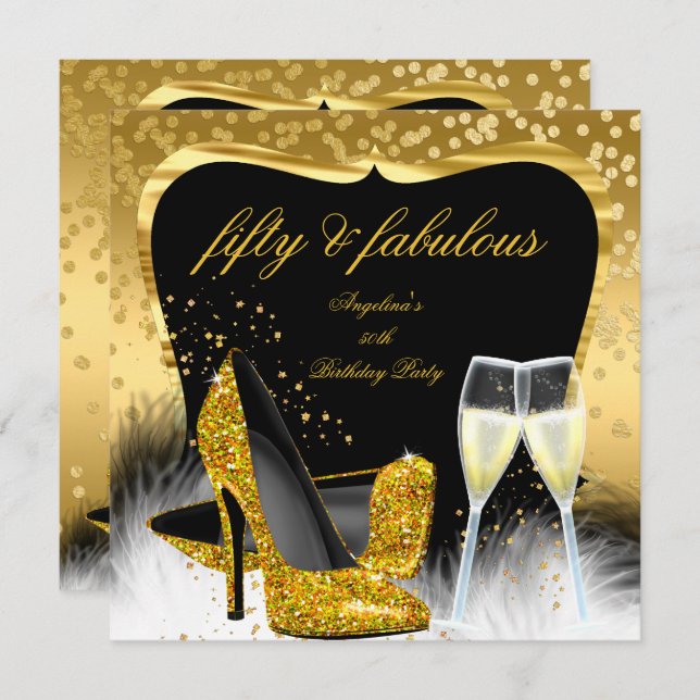 Fabulous 50 Party Gold Champagne Glitter Heels Invitation (Front/Back)