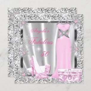 Fabulous 50 Party Light Pink Silver Snowflakes Invitation