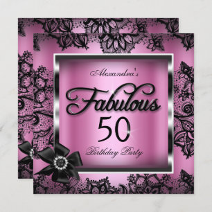 Fabulous 50 Party Pink Damask Black Lace Pearl Invitation