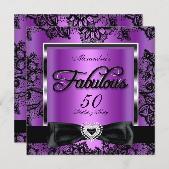 Fabulous 50 Party Purple Damask Black Lace Invitation (Front/Back)