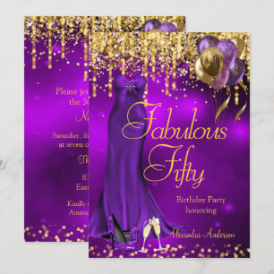 Fabulous 50 Party Purple Glitter Gold Heels Dress Invitation