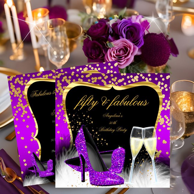Fabulous 50 Party Purple Magenta Gold Champagne Invitation (Creator Uploaded)