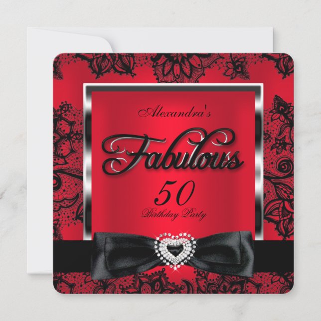 Fabulous 50 Party Red Damask Black Lace Invitation (Front)
