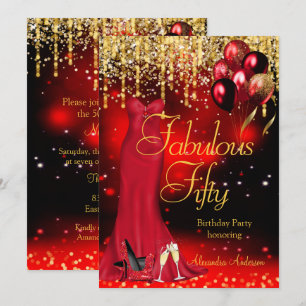 Fabulous 50 Party Red Glitter Gold Heels Dress Invitation