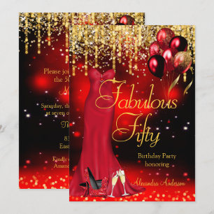 Fabulous 50 Party Red Glitter Gold Heels Dress Invitation