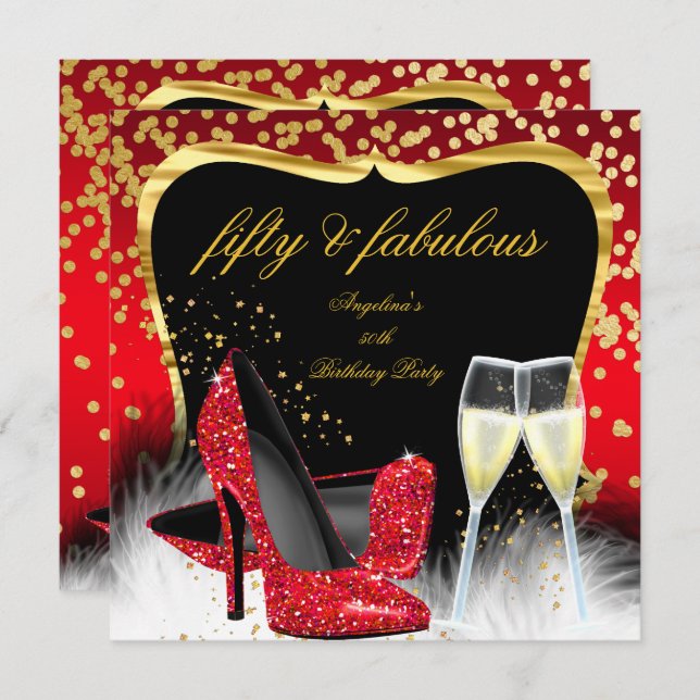 Fabulous 50 Party Red Gold Champagne Glitter Heels Invitation (Front/Back)