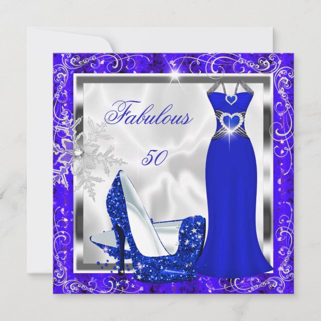 Fabulous 50 Party Royal Blue Silver Dress Heels S8 Invitation (Front)