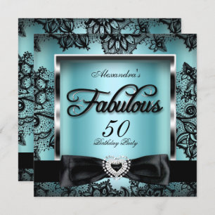 Fabulous 50 Party Teal Blue Damask Black Lace Invitation