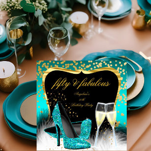 Fabulous 50 Party Teal Gold Champagne Glitter Heel Invitation