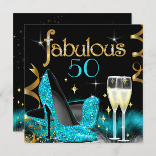 Fabulous 50 Party Teal High Heels Gold Black Invitation