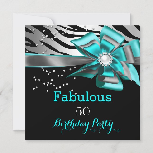 Fabulous 50 Party Teal Zebra Black Silver Pearl Invitation (Front)