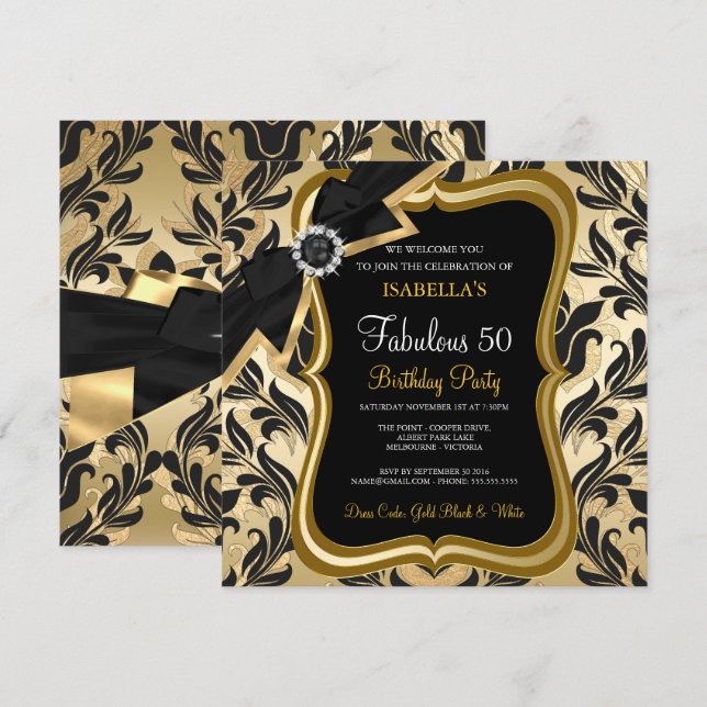Fabulous 50 Pearl Gold Bow Black Damask Invite (Front/Back)