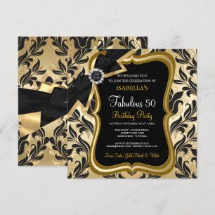Fabulous 50 Pearl Gold Bow Black Damask Invite