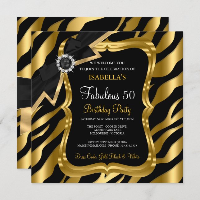 Fabulous 50 Pearl Gold Bow Black Zebra Invite (Front/Back)