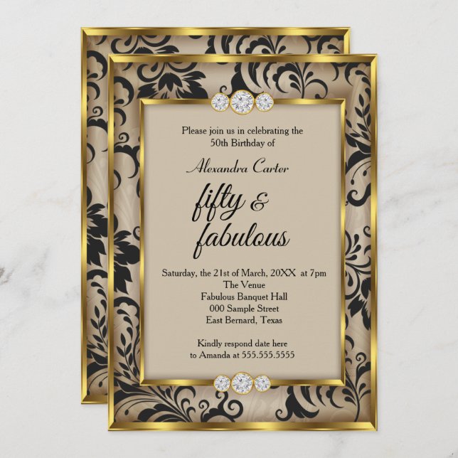 Fabulous 50 Photo Beige Black Damask Gold birthday Invitation (Front/Back)
