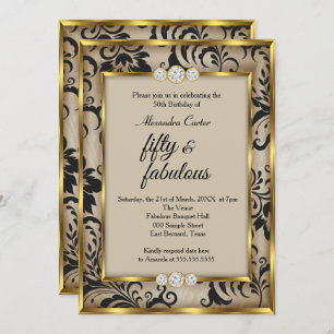 Fabulous 50 Photo Beige Black Damask Gold birthday Invitation