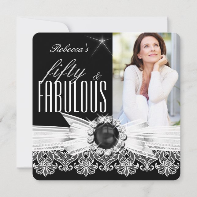 Fabulous 50 Photo Black Pearl White Lace Birthday Invitation (Front)