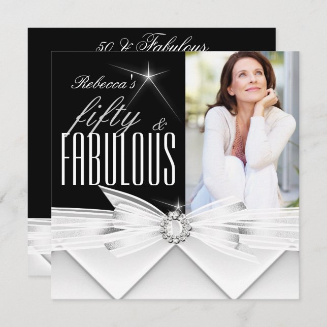 Fabulous 50 Photo Black White 50th Birthday Party Invitation (Front/Back)