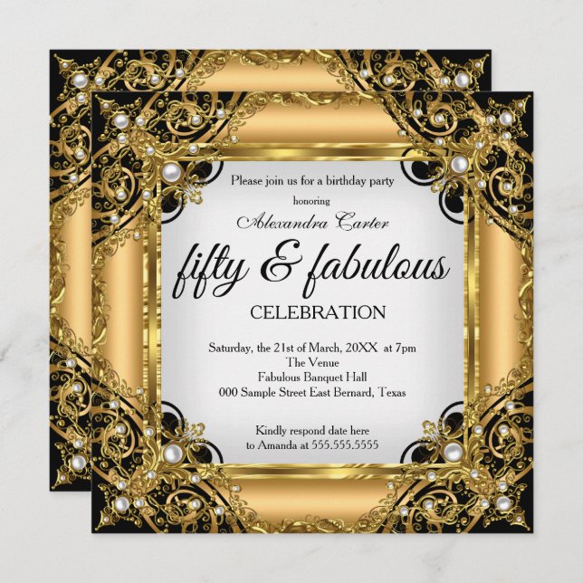Fabulous 50 Photo Black White Gold Birthday Party Invitation (Front/Back)