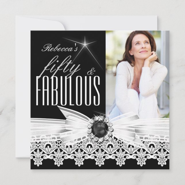 Fabulous 50 Photo Black White Lace 50th Birthday 3 Invitation (Front)
