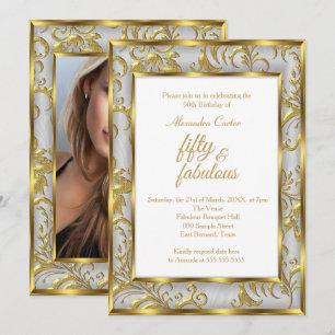 Fabulous 50 Photo Damask Gold grey silver birthday Invitation