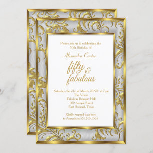 Fabulous 50 Photo Damask Gold grey silver birthday Invitation