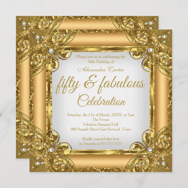 Fabulous 50 Photo elite Gold Pearl birthday Party Invitation (Front/Back)