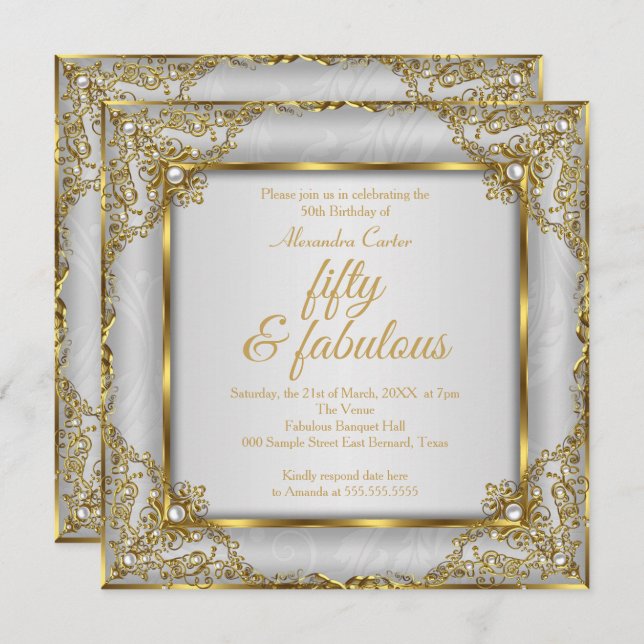 Fabulous 50 Photo Gold grey Pearl birthday Party Invitation (Front/Back)