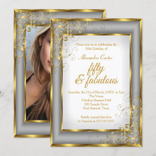 Fabulous 50 Photo Gold grey silver birthday party Invitation