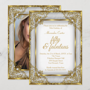 Fabulous 50 Photo Gold grey silver Pearl birthday Invitation
