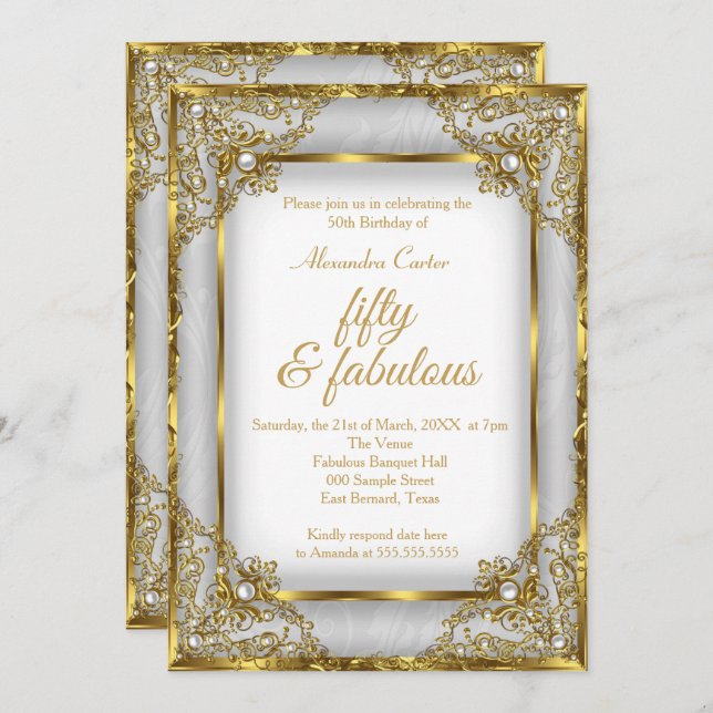 Fabulous 50 Photo Gold grey silver Pearl birthday Invitation (Front/Back)