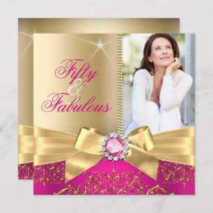 Fabulous 50 Photo Gold Pink Bow 50th Birthday Invitation