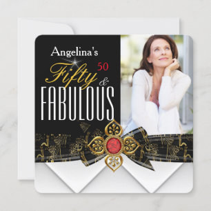 Fabulous 50 Photo Red Gold Elegant Modern Birthday Invitation