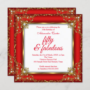 Fabulous 50 Photo Red Gold Pearl birthday Party Invitation