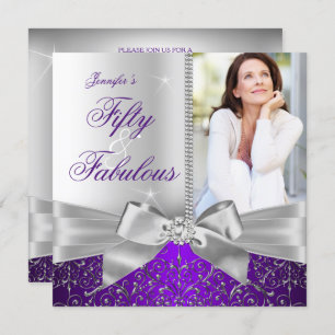 Fabulous 50 Photo Silver Purple Bow 50th Birthday Invitation