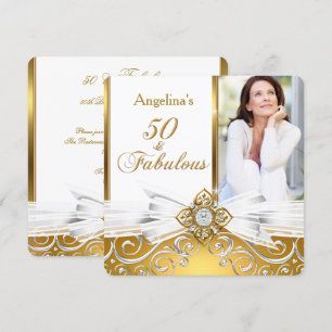 Fabulous 50 Photo White Gold Damask Birthday Party Invitation