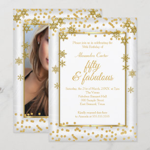 Fabulous 50 Photo White Gold Snowflake party Invitation