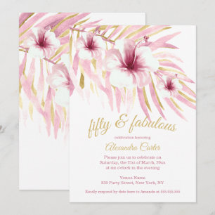 Fabulous 50 Pink Gold Flowers white Watercolor Invitation