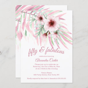 Fabulous 50 Pink Green Flowers white Watercolor Invitation