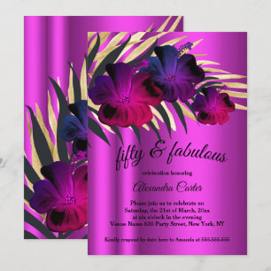 Fabulous 50 PInk Plum Purple Gold Hibiscus party Invitation