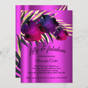 Fabulous 50 PInk Plum Purple Gold Hibiscus party Invitation