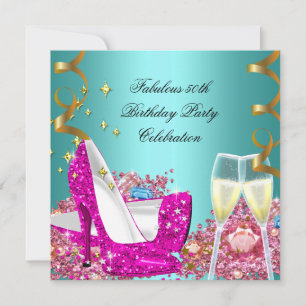 Fabulous 50 Pink Teal Glitter High Heel Birthday 3 Invitation