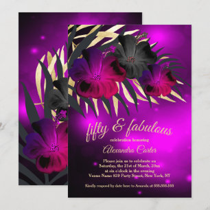 Fabulous 50 Plum Purple Gold Black Hibiscus party Invitation
