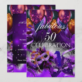 Fabulous 50 Purple Balloons Mask Masquerade Party Invitation