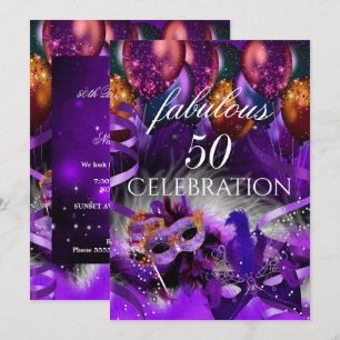 Fabulous 50 Purple Balloons Mask Masquerade Party Invitation