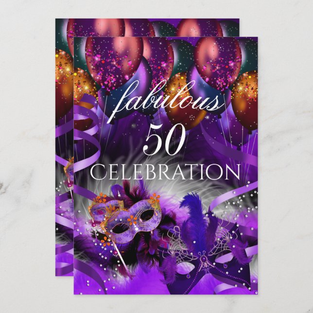 Fabulous 50 Purple Balloons Mask Masquerade Party Invitation (Front/Back)