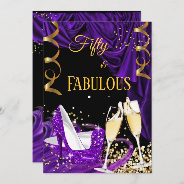 Fabulous 50 Purple Champagne Heels Birthday Party Invitation (Front/Back)