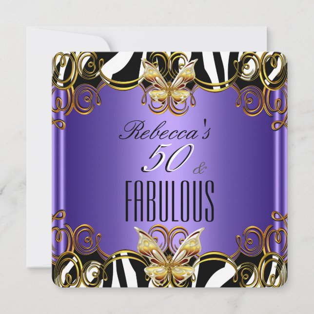 Fabulous 50 Purple Gold Black White Zebra Invitation (Front)