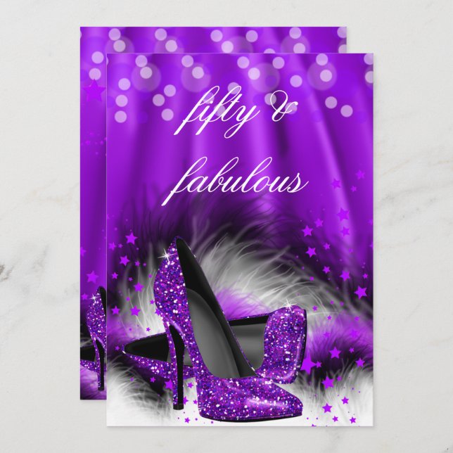 Fabulous 50 Purple Stars High Heels Birthday 2 Invitation (Front/Back)